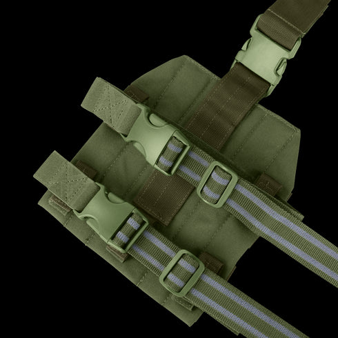 Olive green Condor Drop Leg Platform featuring adjustable straps, plastic buckles, and reinforced stitching shown on a white background.