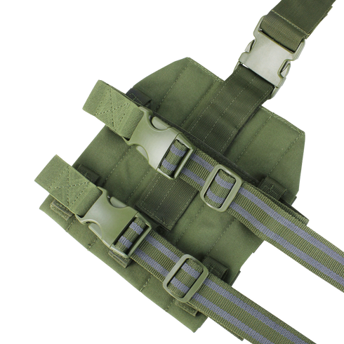 The Condor Drop Leg Platform - Scorpion OCP features adjustable straps and plastic buckles for secure attachment to your gear or clothing—perfect for bushcraft outings or first responder use.