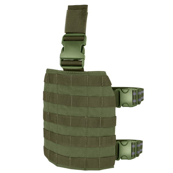 The Condor Drop Leg Platform in Olive Drab features MOLLE webbing, adjustable straps, and quick-release buckles for secure gear attachment.