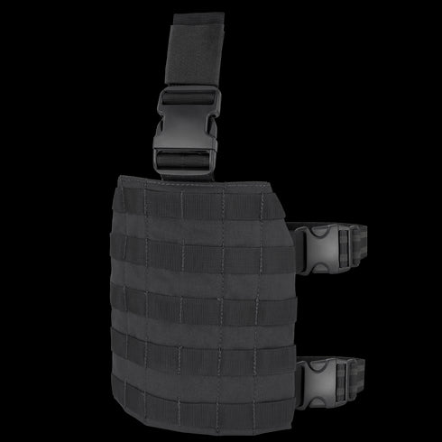 The Condor Drop Leg Platform is a black tactical MOLLE accessory with adjustable straps and plastic buckles, perfect for securely carrying gear at the range or for first responders.