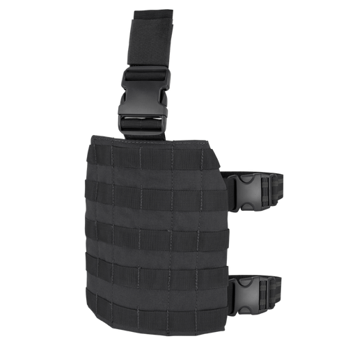 The Condor Drop Leg Platform is a black tactical MOLLE accessory with adjustable straps and plastic buckles, perfect for securely carrying gear at the range or for first responders.