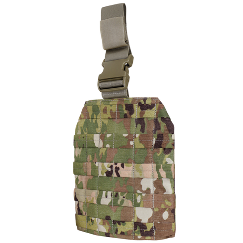 The Condor Drop Leg Platform in Scorpion OCP features a camouflage design with a webbing grid and a tan buckle strap attachment at the top.