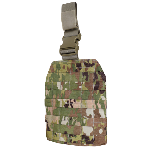 The Condor Drop Leg Platform in Scorpion OCP features a camouflage design with a webbing grid and a tan buckle strap attachment at the top.