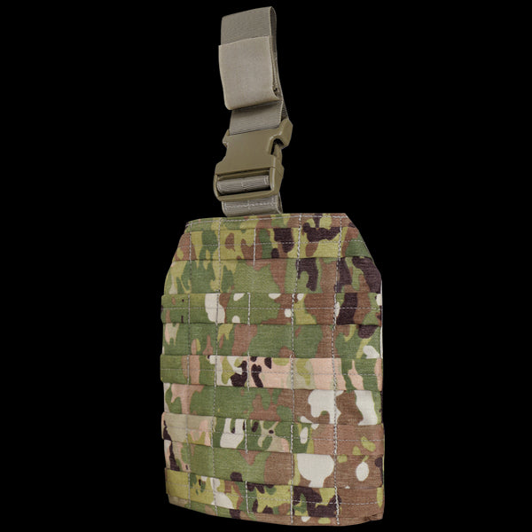 The Condor Drop Leg Platform in Scorpion OCP features a camouflage design with a webbing grid and a tan buckle strap attachment at the top.