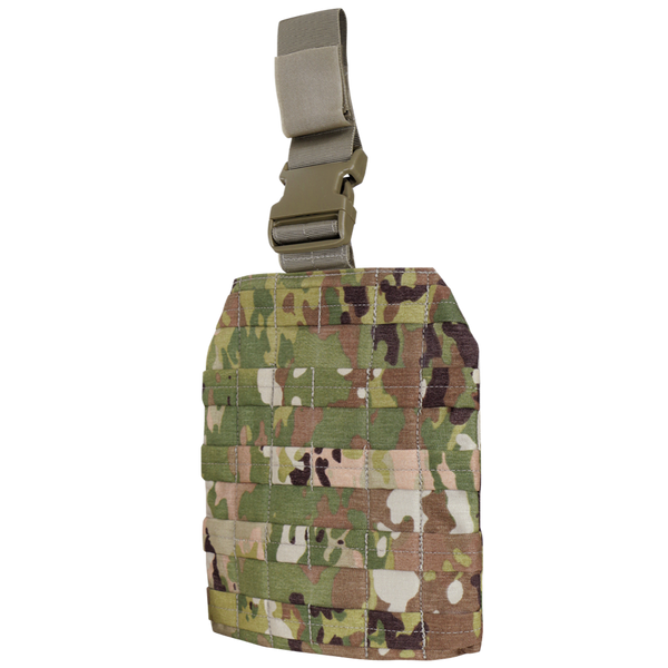 The Condor Drop Leg Platform in Scorpion OCP features a camouflage design with a webbing grid and a tan buckle strap attachment at the top.