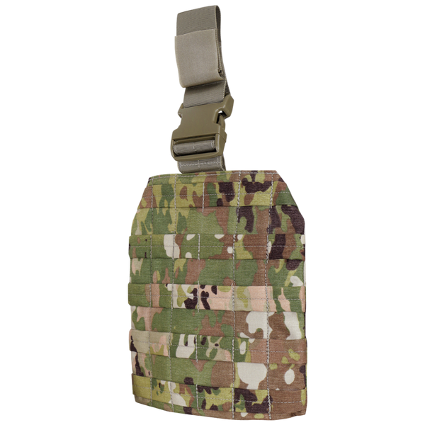 The Condor Drop Leg Platform in Scorpion OCP features a camouflage design with a webbing grid and a tan buckle strap attachment at the top.