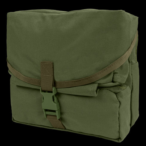 The Condor Fold-Out Medical Bag in Olive Drab is a rectangular, military-style pouch with a flap cover secured by a plastic buckle and strap.