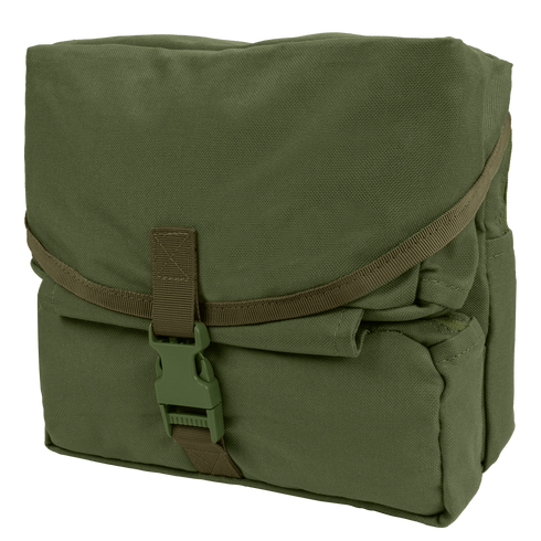 The Condor Fold-Out Medical Bag in Olive Drab is a rectangular, military-style pouch with a flap cover secured by a plastic buckle and strap.