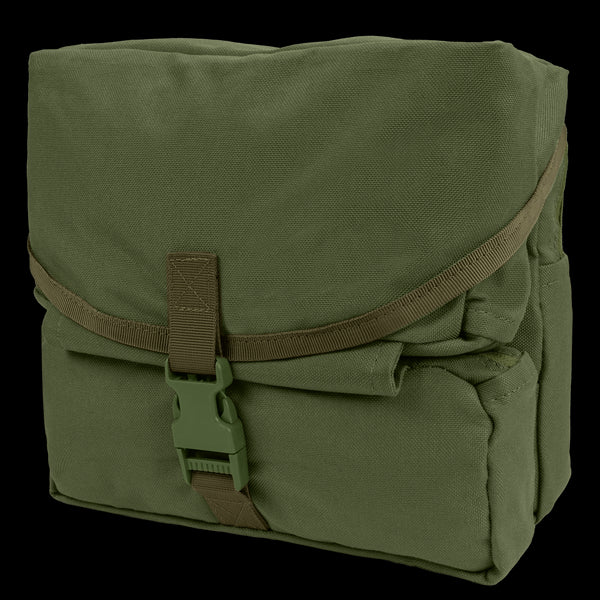 The Condor Fold-Out Medical Bag in Olive Drab is a rectangular, military-style pouch with a flap cover secured by a plastic buckle and strap.