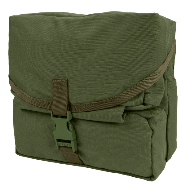 The Condor Fold-Out Medical Bag in Olive Drab is a rectangular, military-style pouch with a flap cover secured by a plastic buckle and strap.