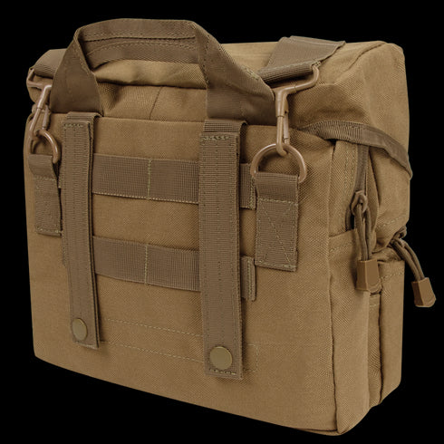 Condor Fold-Out Medical Bag in tan features MOLLE webbing, dual carry handles, a side zipper pocket, and metal clips on reinforced attachment points.