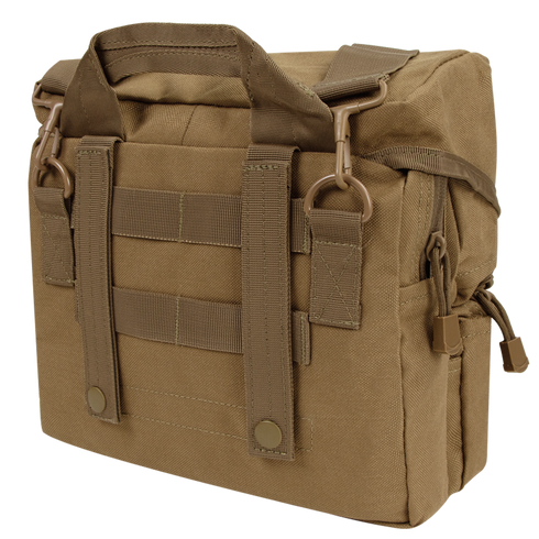 Condor Fold-Out Medical Bag in tan features MOLLE webbing, dual carry handles, a side zipper pocket, and metal clips on reinforced attachment points.