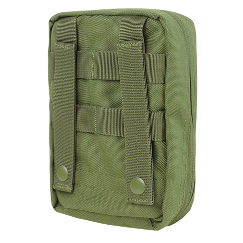 The Condor EMT Pouch - MultiCam is a tactical pouch made of durable fabric, featuring two vertical straps and snap buttons on the back for secure attachment.