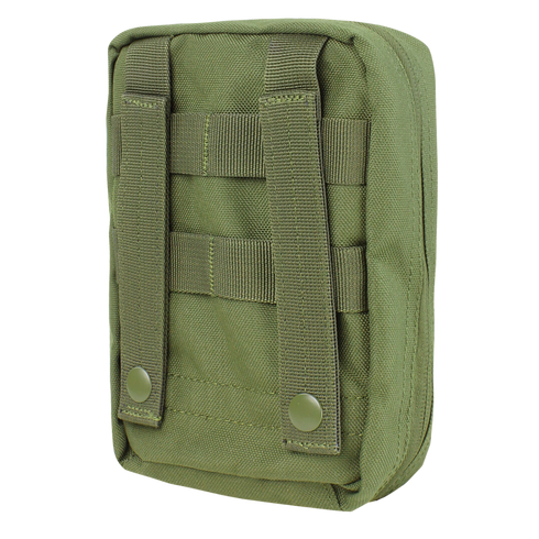 The Condor EMT Pouch - MultiCam is a tactical pouch made of durable fabric, featuring two vertical straps and snap buttons on the back for secure attachment.