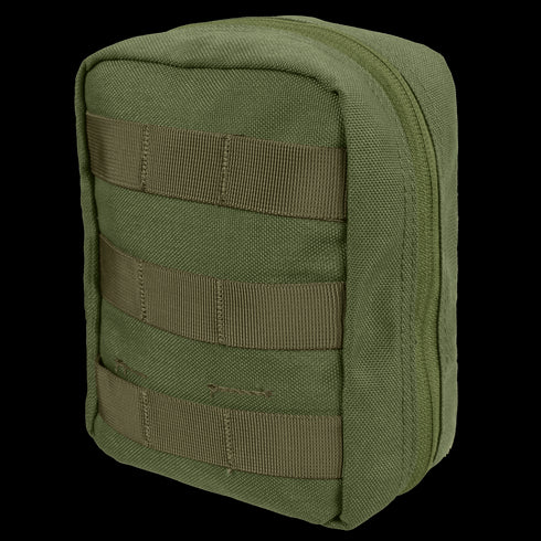 The Condor EMT Pouch in Olive Drab features a zippered closure and horizontal webbing straps on the front, making it easy to attach to gear or backpacks.