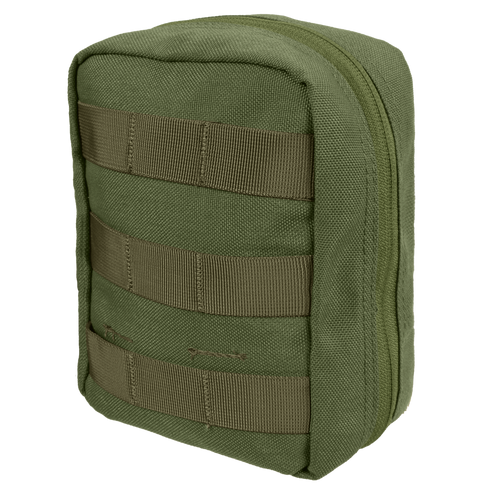 The Condor EMT Pouch in Olive Drab features a zippered closure and horizontal webbing straps on the front, making it easy to attach to gear or backpacks.
