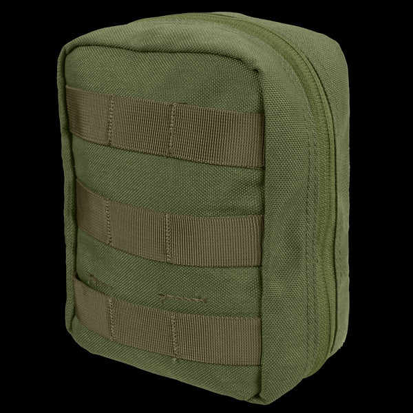 The Condor EMT Pouch in Olive Drab features a zippered closure and horizontal webbing straps on the front, making it easy to attach to gear or backpacks.