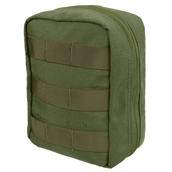 The Condor EMT Pouch in Olive Drab features a zippered closure and horizontal webbing straps on the front, making it easy to attach to gear or backpacks.