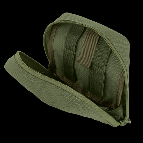 The Condor EMT Pouch in olive green fabric features a zippered closure and opens to reveal internal elastic straps and compartments, ideal for organizing small items.