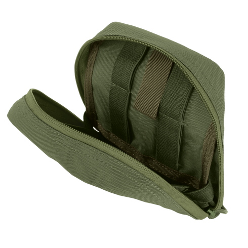 The Condor EMT Pouch in olive green fabric features a zippered closure and opens to reveal internal elastic straps and compartments, ideal for organizing small items.