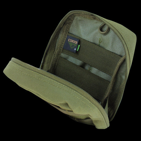 Open MultiCam EMT pouch with zippered closure, elastic straps, and a visible Condor label on the inner flap.