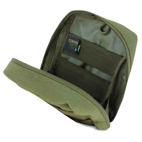 Open MultiCam EMT pouch with zippered closure, elastic straps, and a visible Condor label on the inner flap.