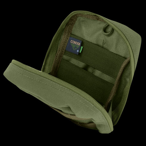 Opened EMT Pouch in olive green nylon with a zipper, displaying interior elastic straps and an inside Condor brand tag.