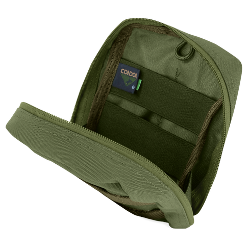 Opened EMT Pouch in olive green nylon with a zipper, displaying interior elastic straps and an inside Condor brand tag.
