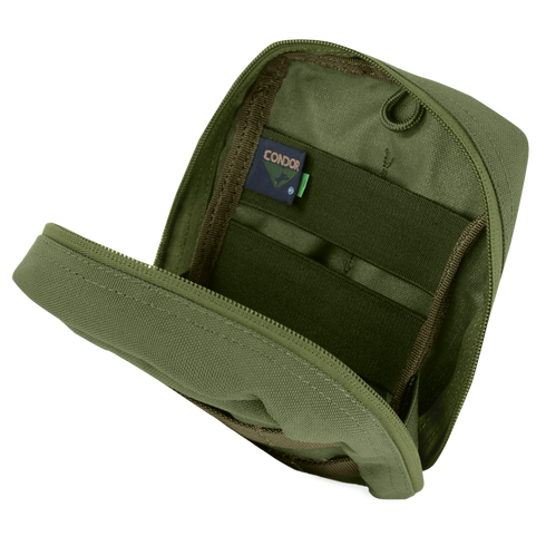 Opened EMT Pouch in olive green nylon with a zipper, displaying interior elastic straps and an inside Condor brand tag.