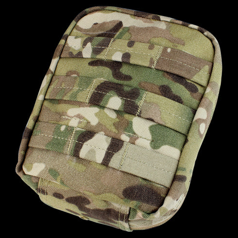 The Condor EMT Pouch in MultiCam is a rectangular military-style pouch featuring a camouflage pattern and horizontal stitched webbing on the front.