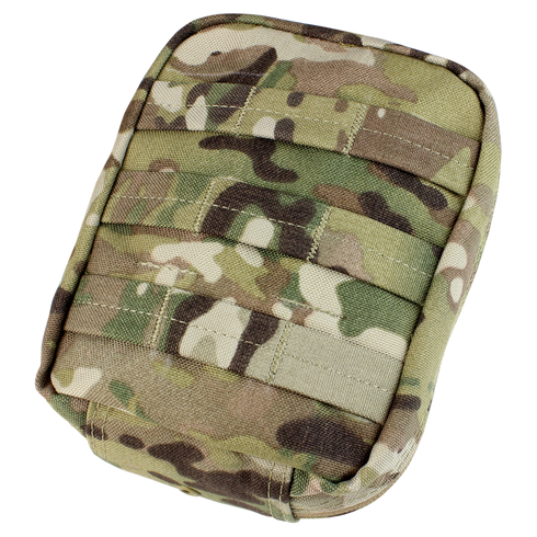 The Condor EMT Pouch in MultiCam is a rectangular military-style pouch featuring a camouflage pattern and horizontal stitched webbing on the front.