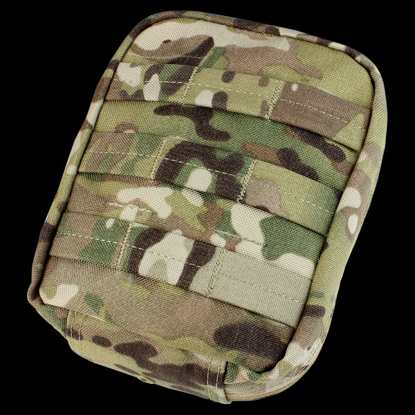 The Condor EMT Pouch in MultiCam is a rectangular military-style pouch featuring a camouflage pattern and horizontal stitched webbing on the front.