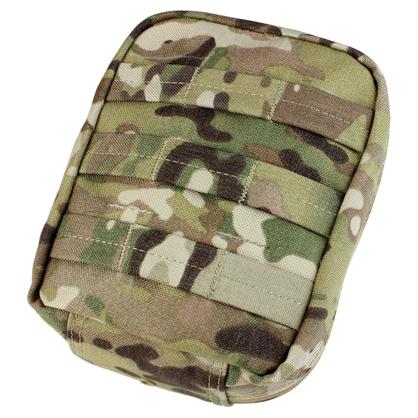 The Condor EMT Pouch in MultiCam is a rectangular military-style pouch featuring a camouflage pattern and horizontal stitched webbing on the front.