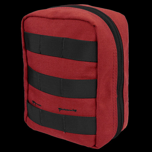 The Condor EMT Pouch is a small red rectangular fabric pouch featuring black horizontal straps and a zipper that runs along the top and one side.