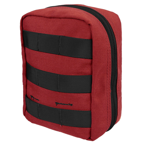 The Condor EMT Pouch is a small red rectangular fabric pouch featuring black horizontal straps and a zipper that runs along the top and one side.