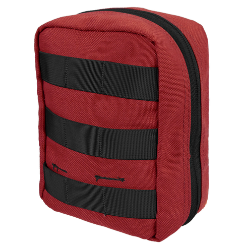 The Condor EMT Pouch is a small red rectangular fabric pouch featuring black horizontal straps and a zipper that runs along the top and one side.