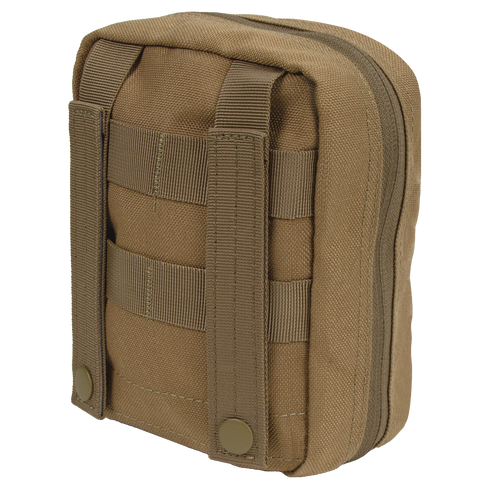 The Condor EMT Pouch is a tan, rectangular pouch made from durable fabric, featuring a zipper closure and MOLLE straps—ideal for bushcraft adventures or law enforcement use.
