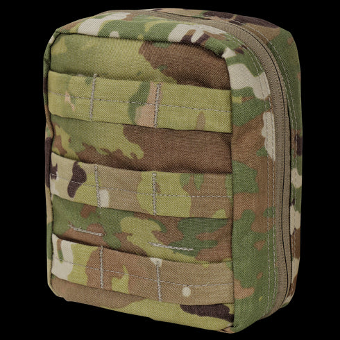 The Condor EMT Pouch in Scorpion OCP is a small, rectangular tactical pouch featuring a right-side zipper and horizontal stitched straps on the front.