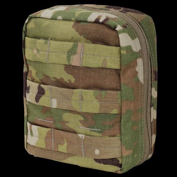 The Condor EMT Pouch in Scorpion OCP is a small, rectangular tactical pouch featuring a right-side zipper and horizontal stitched straps on the front.