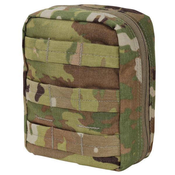 The Condor EMT Pouch in Scorpion OCP is a small, rectangular tactical pouch featuring a right-side zipper and horizontal stitched straps on the front.