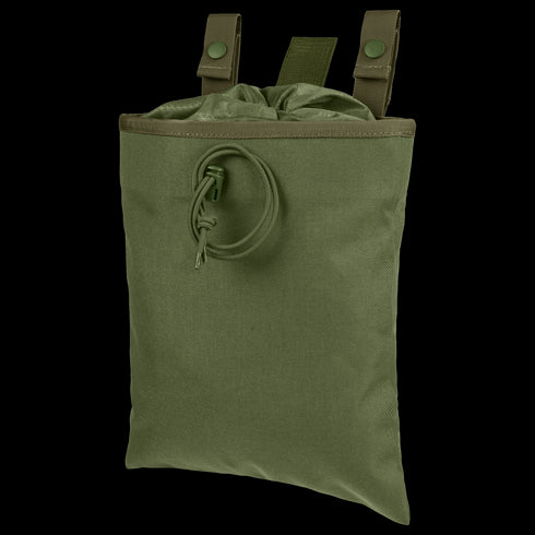 The Condor 3-Fold Mag Recovery Pouch in Olive Drab features snap-fastened straps, a drawstring closure, and an extra cord on the front for secure and convenient storage.