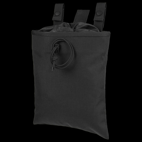 The Condor 3-Fold Mag Recovery Pouch is a black fabric pouch with a drawstring closure and two snap-button straps for attaching to gear—ideal for use at the shooting range or by law enforcement professionals.
