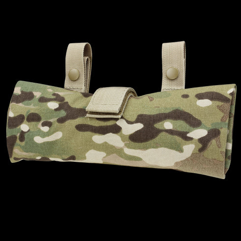 The Condor 3-Fold Mag Recovery Pouch in MultiCam features a camouflage pattern, two tan straps, and secure snap closures.