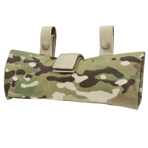 The Condor 3-Fold Mag Recovery Pouch in MultiCam features a camouflage pattern, two tan straps, and secure snap closures.