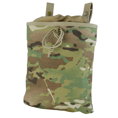 The Condor 3-Fold Mag Recovery Pouch in MultiCam features a camouflage pattern, drawstring closure, and two top loops.