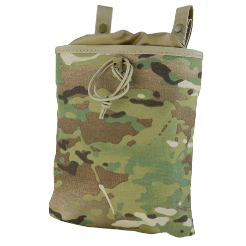The Condor 3-Fold Mag Recovery Pouch in MultiCam features a camouflage pattern, drawstring closure, and two top loops.