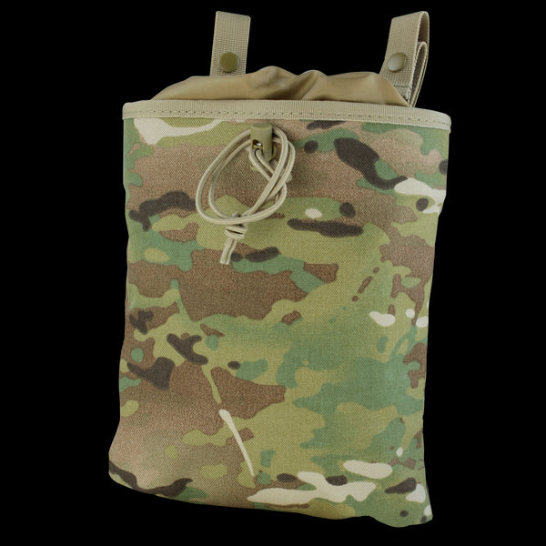 The Condor 3-Fold Mag Recovery Pouch in MultiCam features a camouflage pattern, drawstring closure, and two top loops.