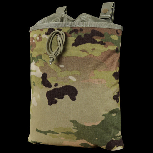 The Condor 3-Fold Mag Recovery Pouch in Scorpion OCP features a camouflage pattern, drawstring closure, and snap buttons at the top.