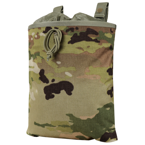 The Condor 3-Fold Mag Recovery Pouch in Scorpion OCP features a camouflage pattern, drawstring closure, and snap buttons at the top.