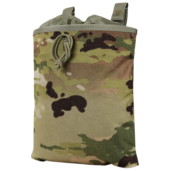 The Condor 3-Fold Mag Recovery Pouch in Scorpion OCP features a camouflage pattern, drawstring closure, and snap buttons at the top.